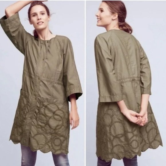 Anthropologie Hei Hei long green eyelet cotton jacket/anorak Sz M - Picture 4 of 12